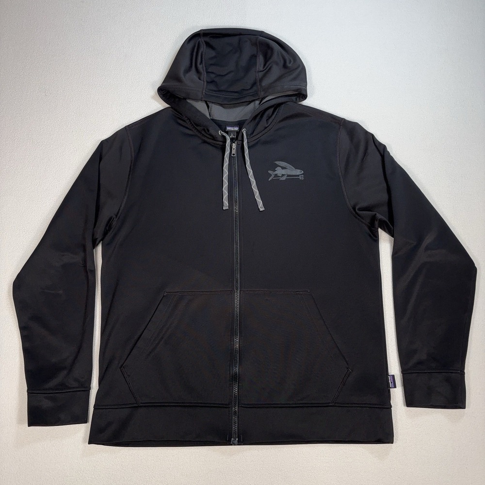 Patagonia Flying Fish PolyCycle Full Zip Hoodie Men's L Black Drawstring Pocket